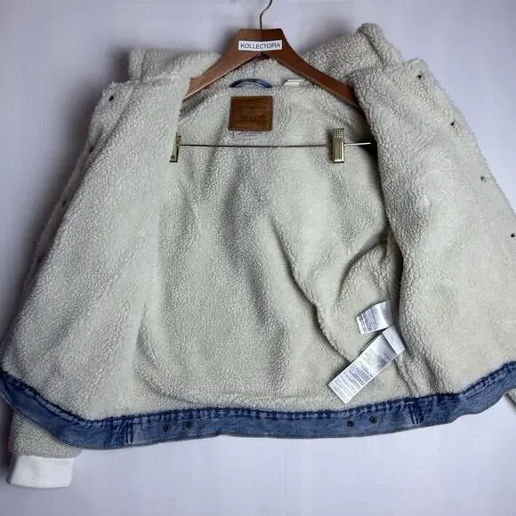Levi's Jacket Womens Medium Ex-Boyfriend Sherpa‎ Trucker Denim Jean Coat $89 OOS - Picture 9 of 16